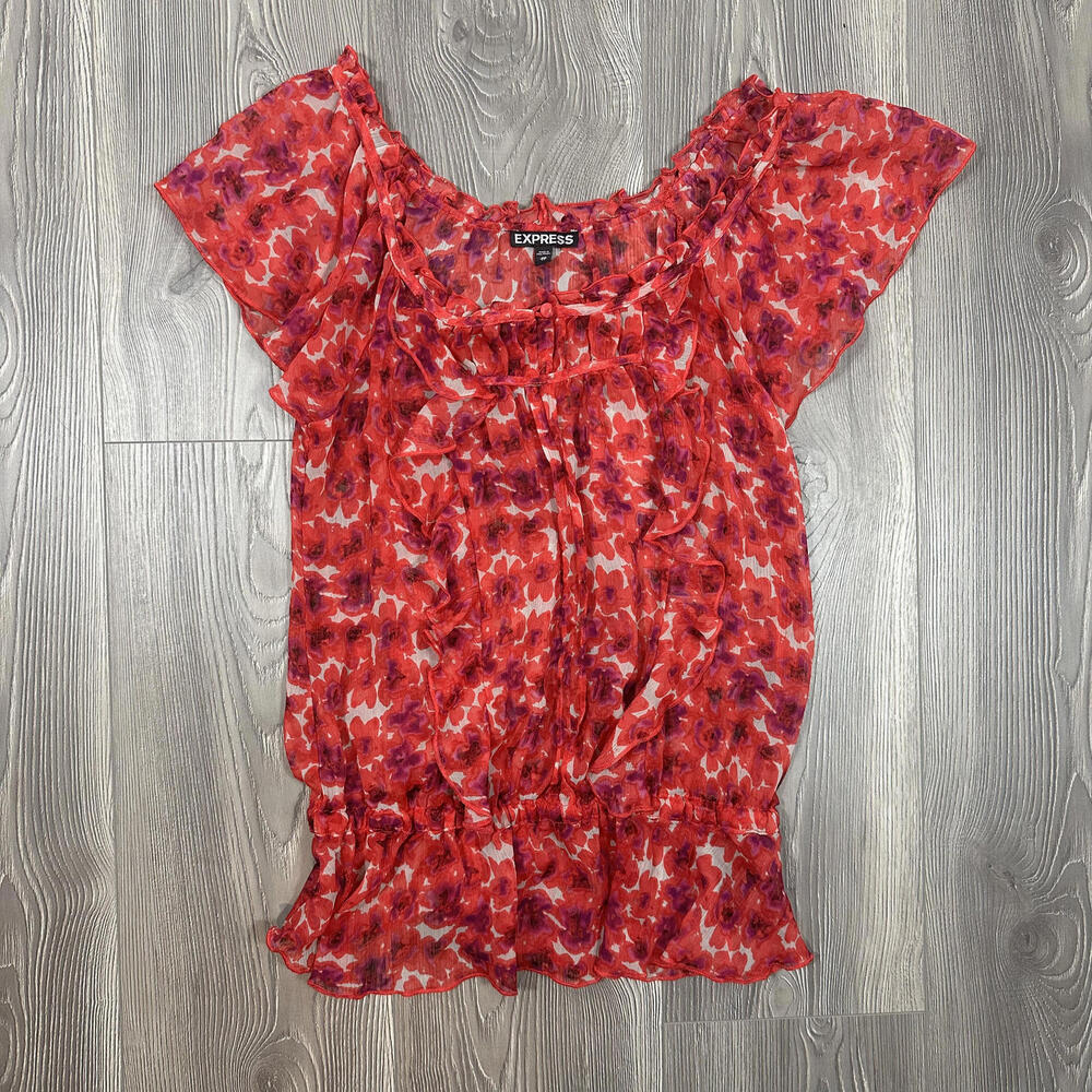 Express Red Purple Floral Sheer Ruffle Women's Blouse‎ - Y2K Feminine Top